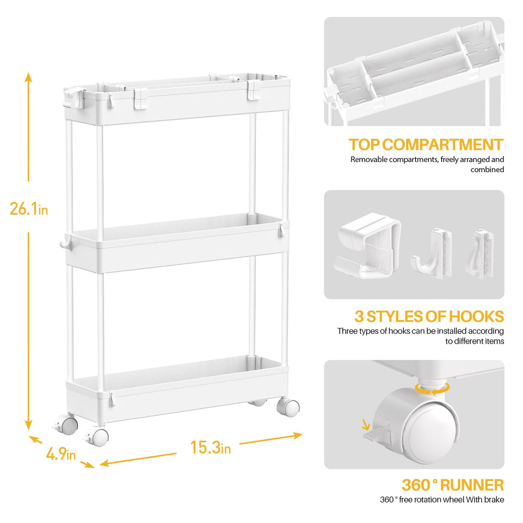 Chariot de Rangement Fin, 3 Niveaux - Organiseur Roulant pour Salle de Bain, Cuisine, Bureau & Espaces Étroits,