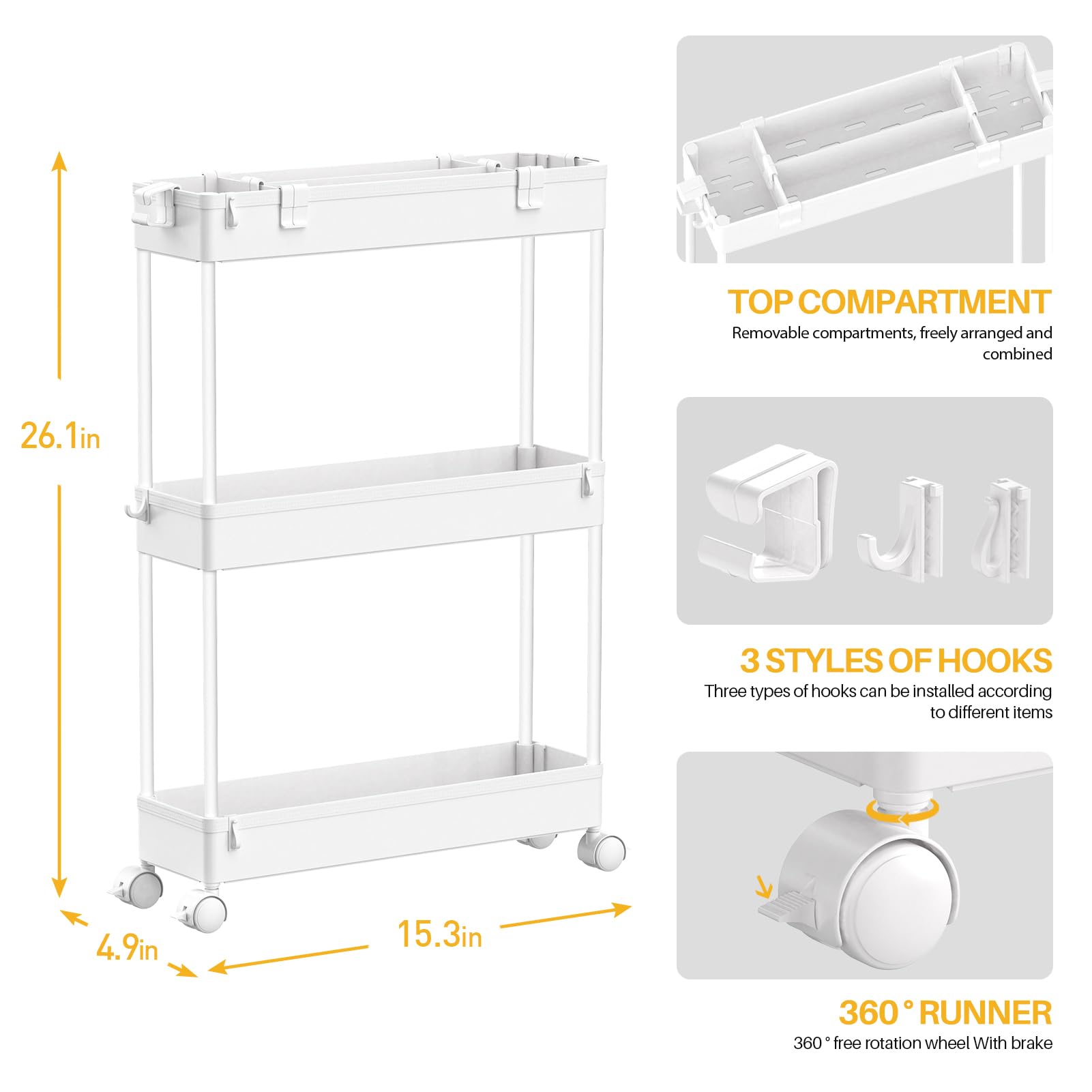 Chariot de Rangement Fin, 3 Niveaux - Organiseur Roulant pour Salle de Bain, Cuisine, Bureau & Espaces Étroits,
