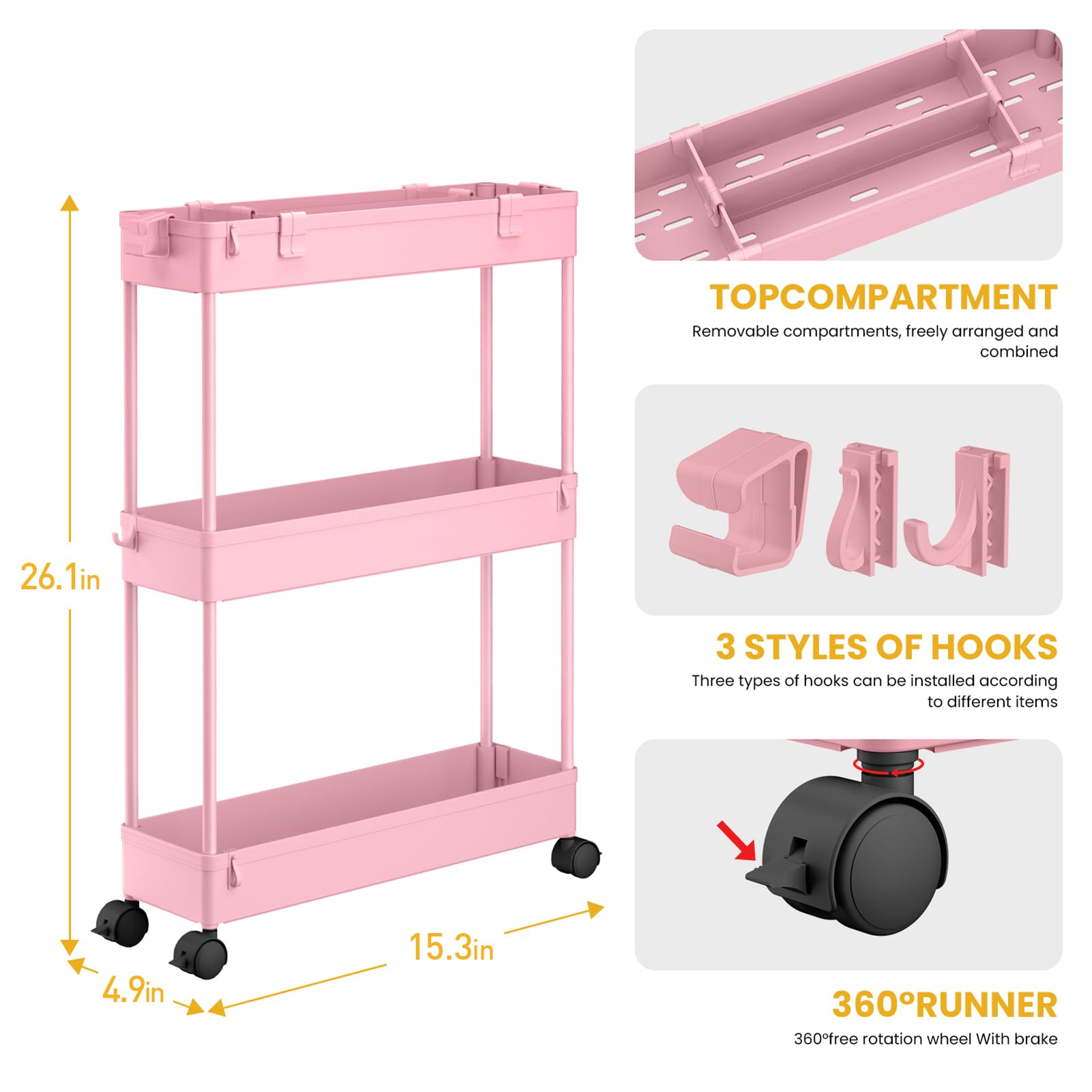 Chariot de Rangement Fin, 3 Niveaux - Organiseur Roulant pour Salle de Bain, Cuisine, Bureau & Espaces Étroits,