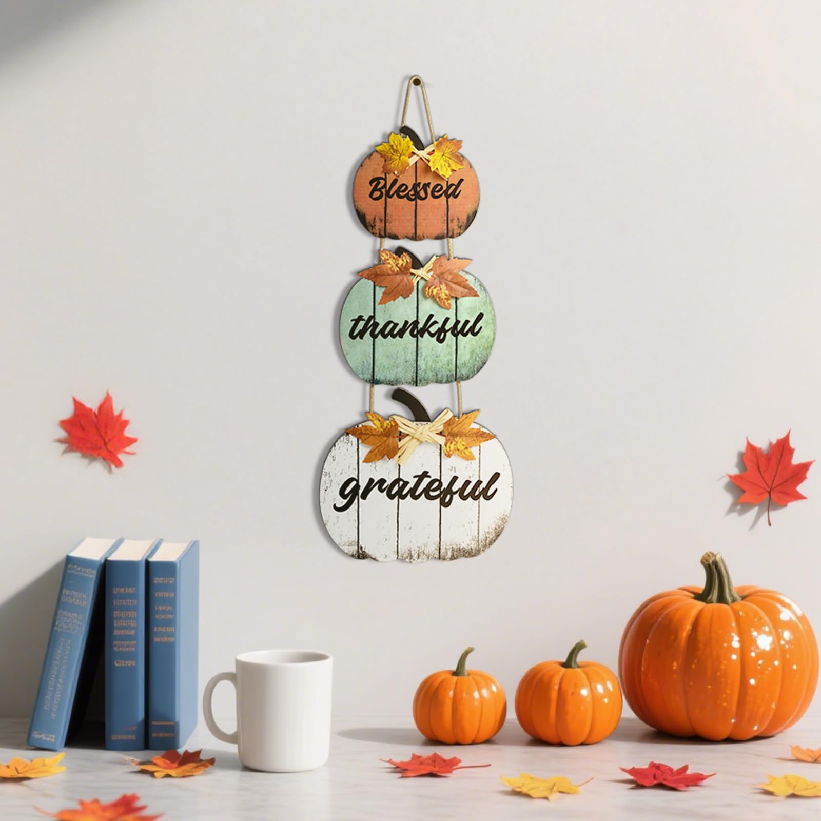 Décorations d’Automne en Bois « Béni, Reconnaissant, Merci » - Citrouilles 3D Jaunes pour Table, Maison, Ferme, Salon, Bureau, Chambre - Déco Thanksgiving Rustique