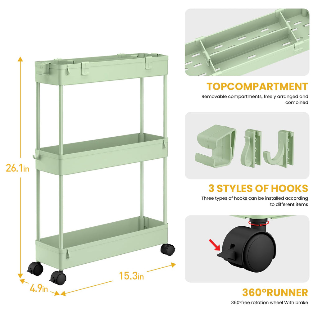 Chariot de Rangement Fin, 3 Niveaux - Organiseur Roulant pour Salle de Bain, Cuisine, Bureau & Espaces Étroits,