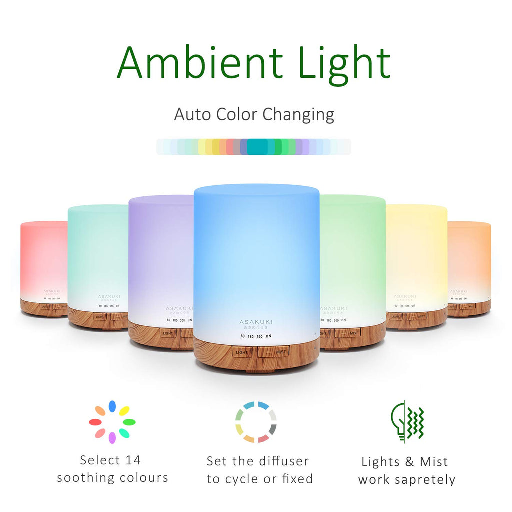Diffuseur d'Huiles Essentielles 300 ml en Grain de Bois - Brumisateur Ultrasonique, 7 Couleurs LED, 3 Modes de Minuterie, Arrêt Automatique, Humidificateur Aromathérapie pour Maison et Bureau - Cadeau Idéal
