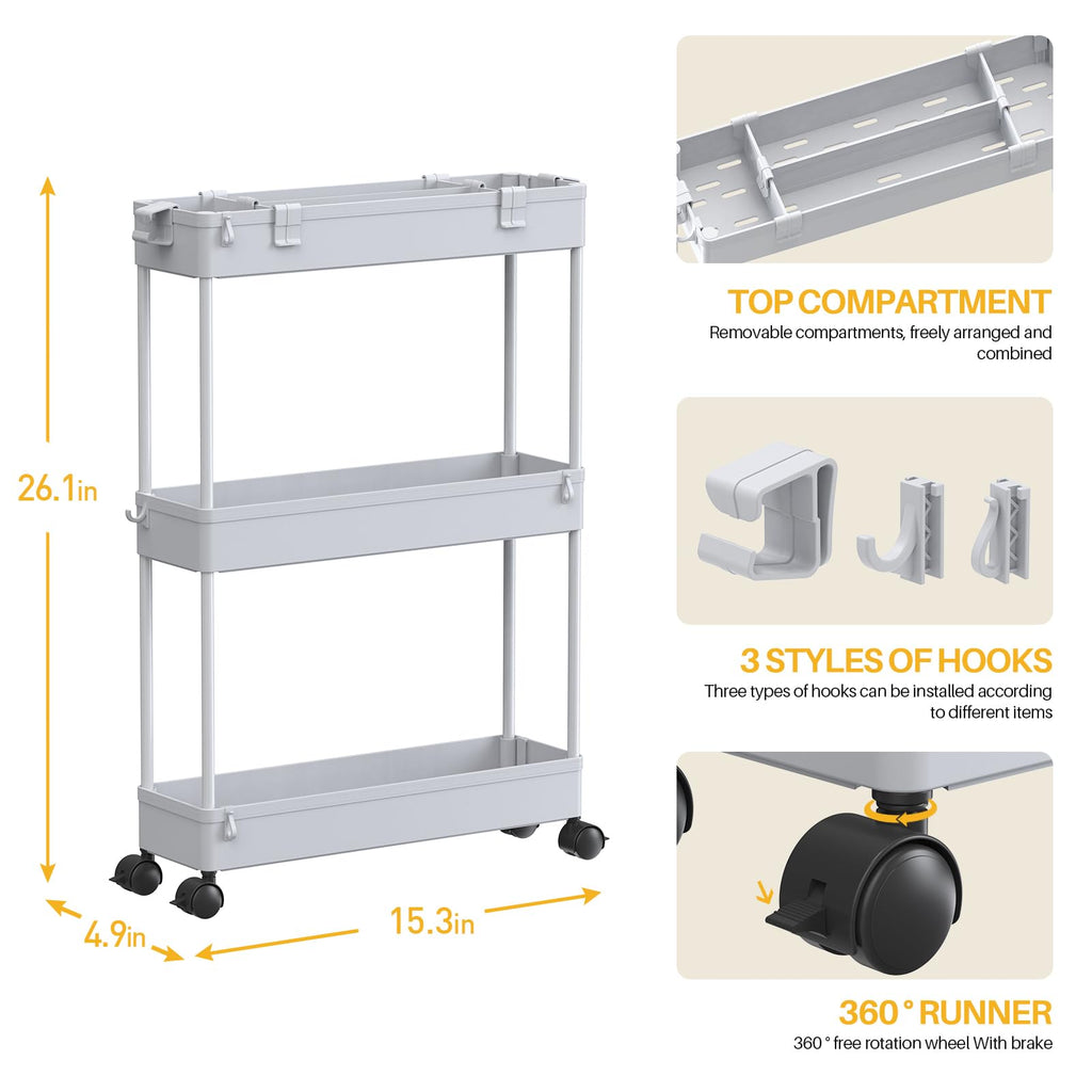 Chariot de Rangement Fin, 3 Niveaux - Organiseur Roulant pour Salle de Bain, Cuisine, Bureau & Espaces Étroits,
