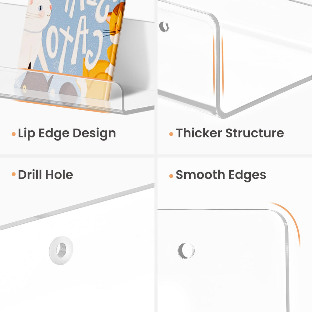 Étagères Acrylique Transparentes Upsimples, 38 cm - Lot de 4 Étagères Flottantes Murales pour Rangement Livres Enfants/Chambre/Chambre/Salle de Bain/Cuisine