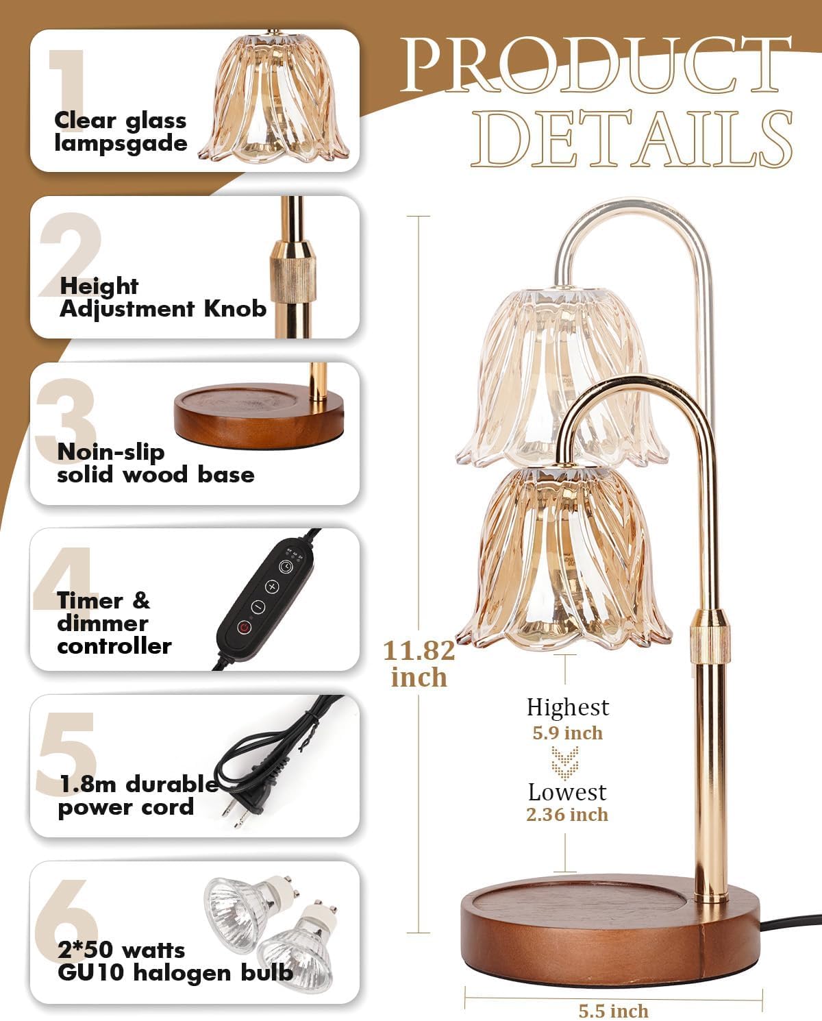 Lampe Chauffe-Bougie Fleur avec Minuterie, Variateur d’Intensité, Cadeau de Noël, Anniversaire ou Anniversaire de Mariage pour Femme, Maman, Épouse - Lampe Vintage Romantique pour Bougies