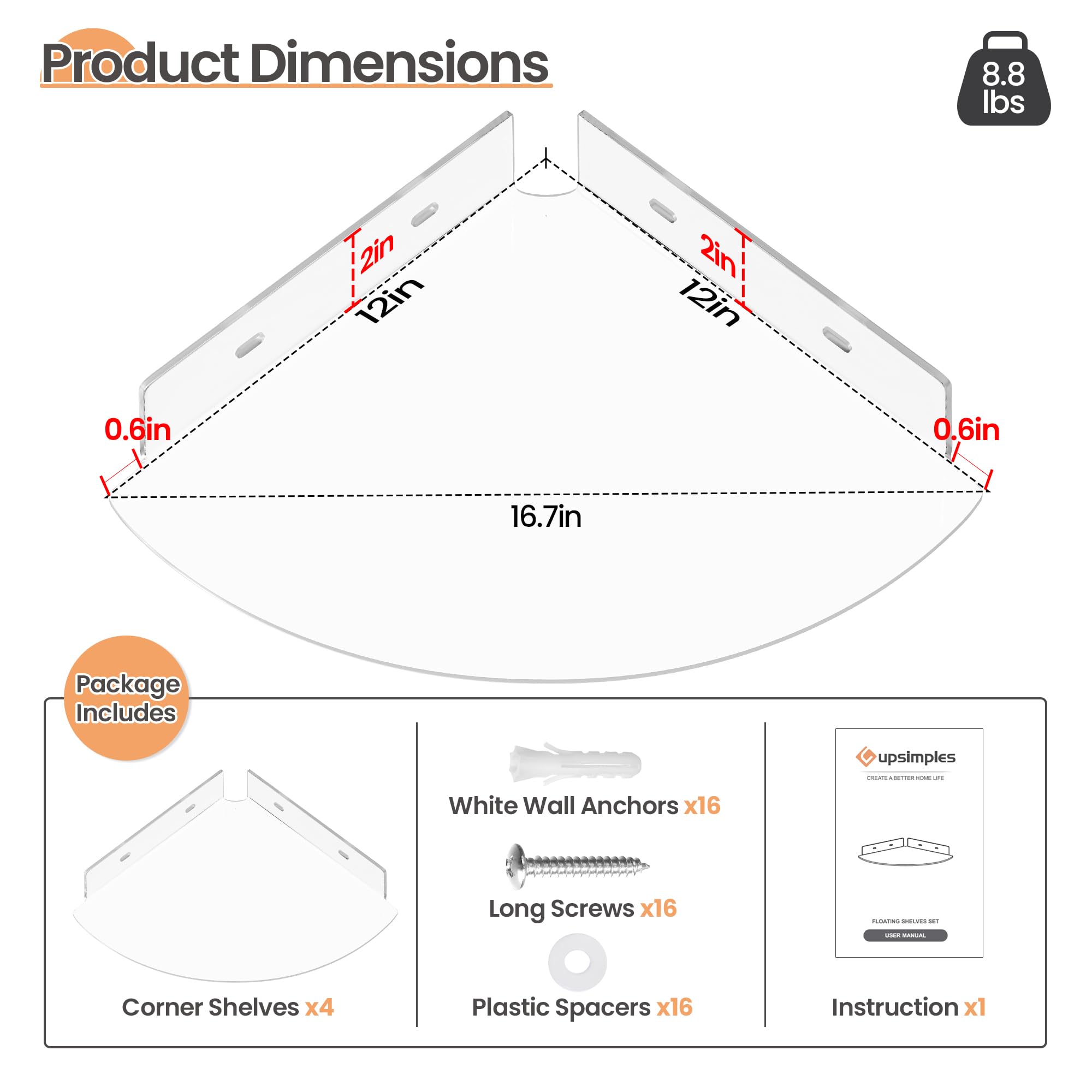 Étagères Acrylique Transparentes Upsimples, 38 cm - Lot de 4 Étagères Flottantes Murales pour Rangement Livres Enfants/Chambre/Chambre/Salle de Bain/Cuisine