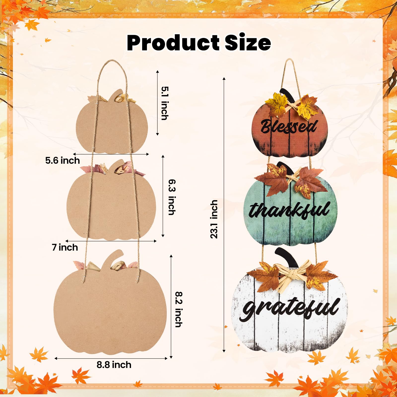 Décorations d’Automne en Bois « Béni, Reconnaissant, Merci » - Citrouilles 3D Jaunes pour Table, Maison, Ferme, Salon, Bureau, Chambre - Déco Thanksgiving Rustique