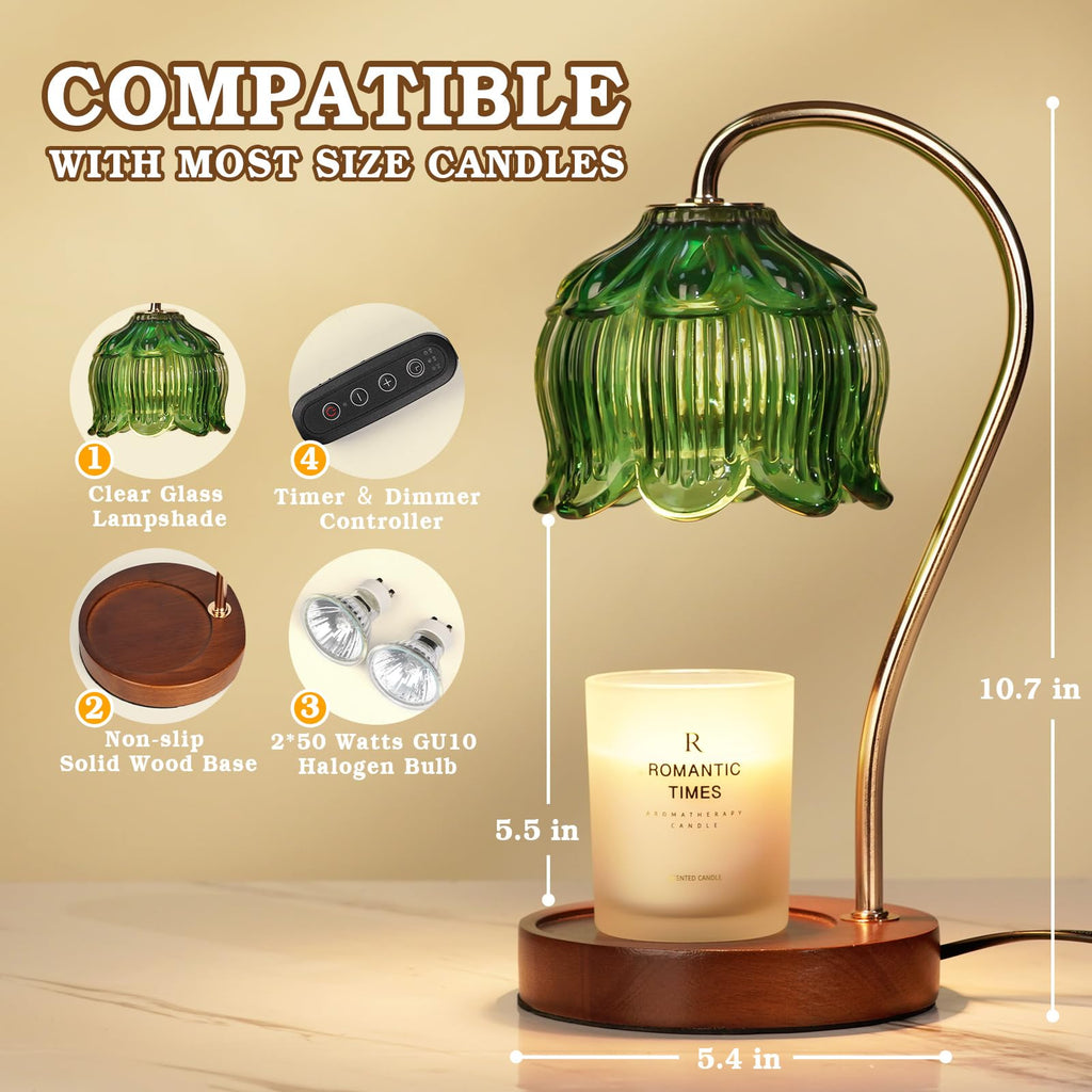 Lampe Chauffe-Bougie Fleur avec Minuterie, Variateur d’Intensité, Cadeau de Noël, Anniversaire ou Anniversaire de Mariage pour Femme, Maman, Épouse - Lampe Vintage Romantique pour Bougies