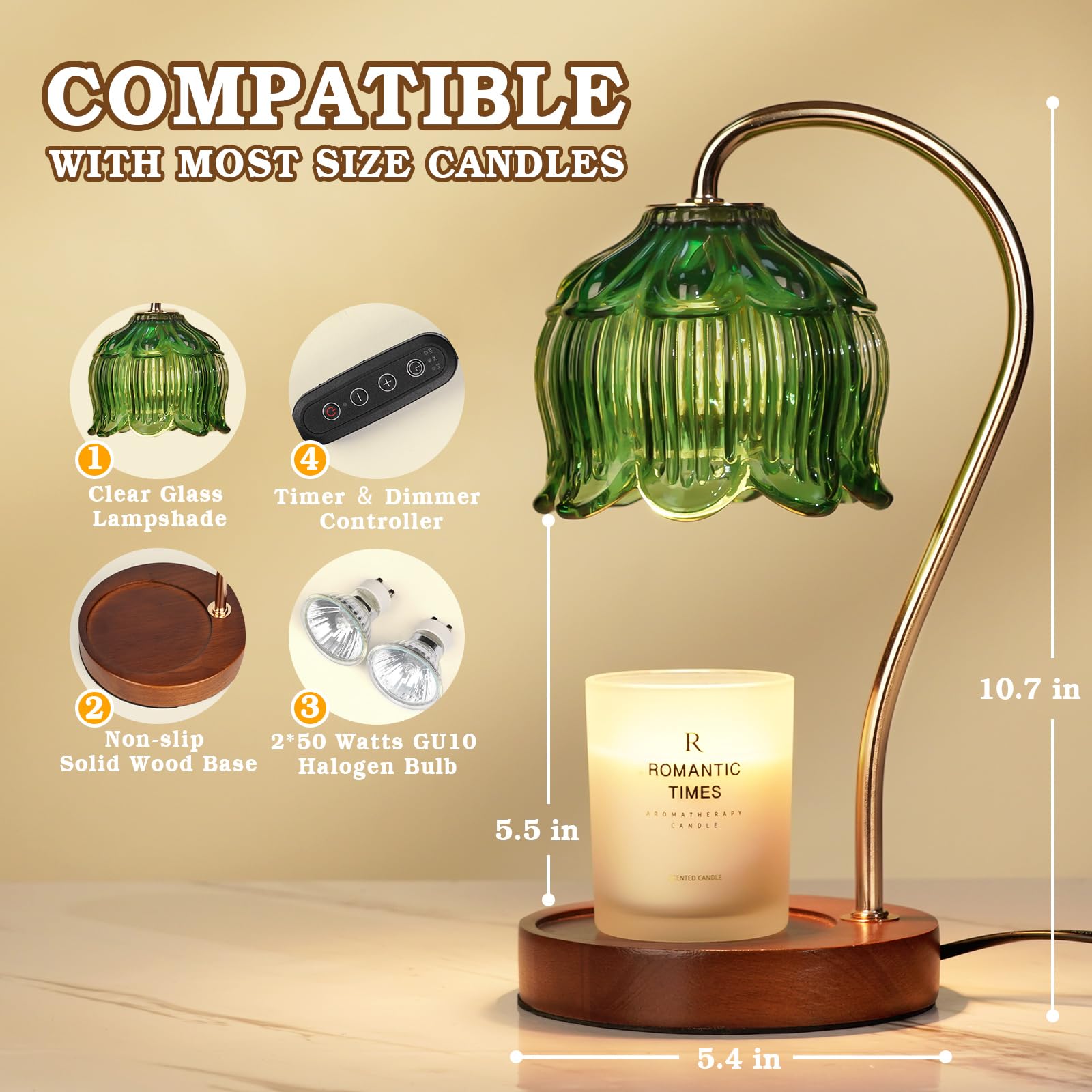 Lampe Chauffe-Bougie Fleur avec Minuterie, Variateur d’Intensité, Cadeau de Noël, Anniversaire ou Anniversaire de Mariage pour Femme, Maman, Épouse - Lampe Vintage Romantique pour Bougies