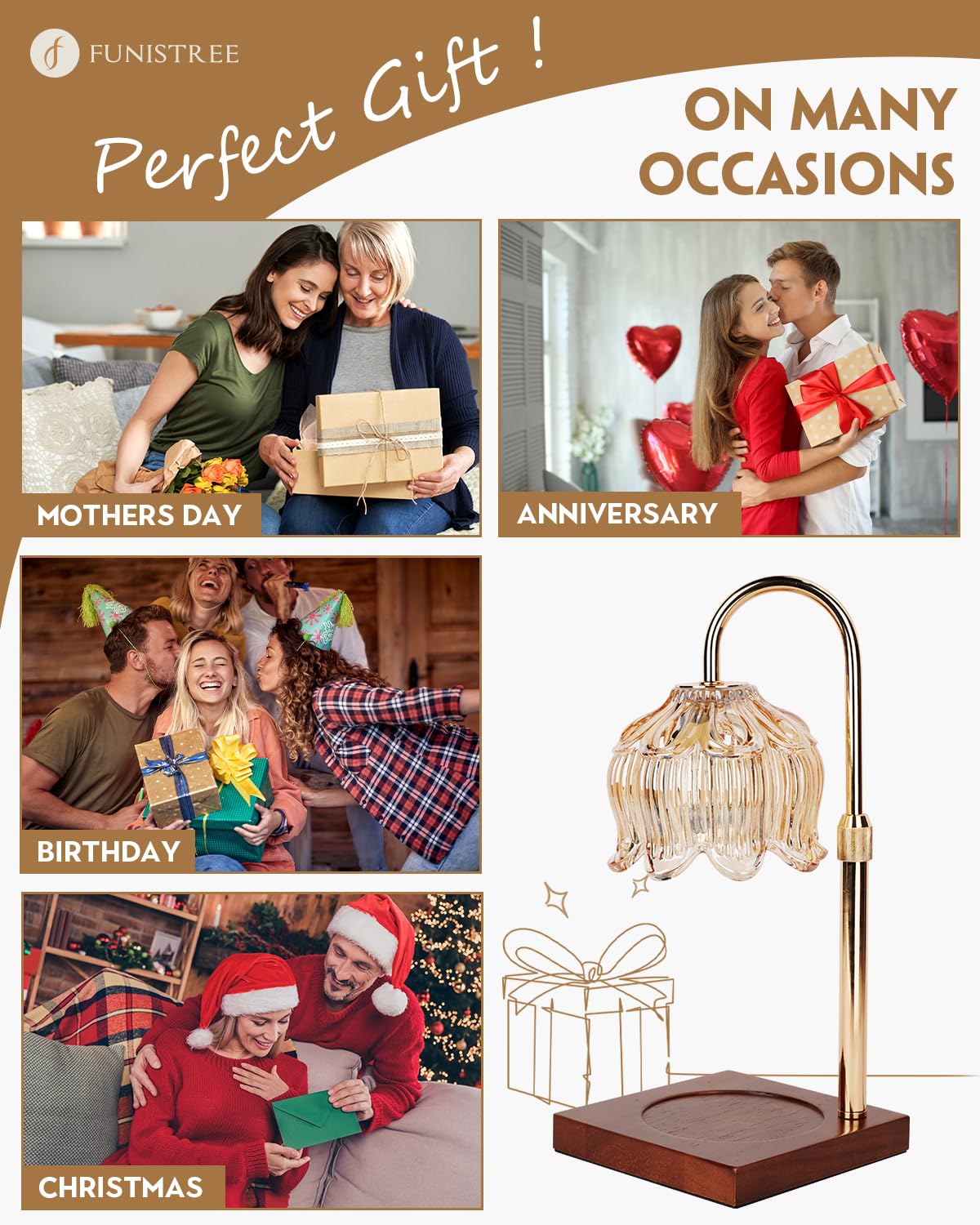 Lampe Chauffe-Bougie Fleur avec Minuterie, Variateur d’Intensité, Cadeau de Noël, Anniversaire ou Anniversaire de Mariage pour Femme, Maman, Épouse - Lampe Vintage Romantique pour Bougies