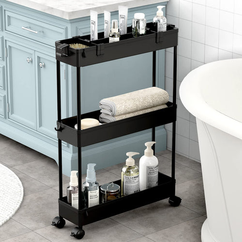 Chariot de Rangement Fin, 3 Niveaux - Organiseur Roulant pour Salle de Bain, Cuisine, Bureau & Espaces Étroits,