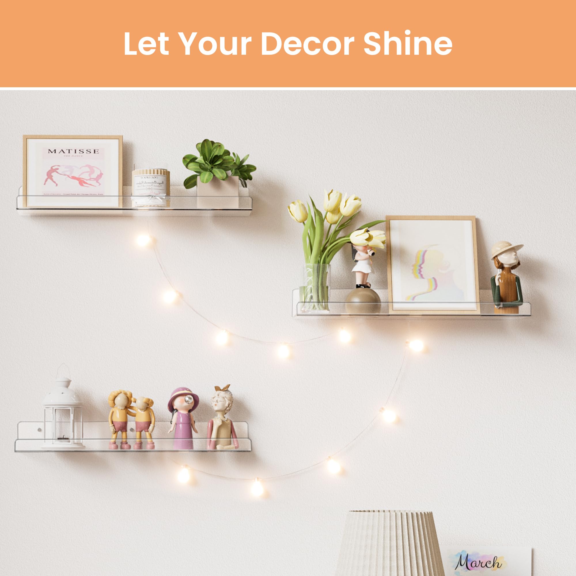 Étagères Acrylique Transparentes Upsimples, 38 cm - Lot de 4 Étagères Flottantes Murales pour Rangement Livres Enfants/Chambre/Chambre/Salle de Bain/Cuisine