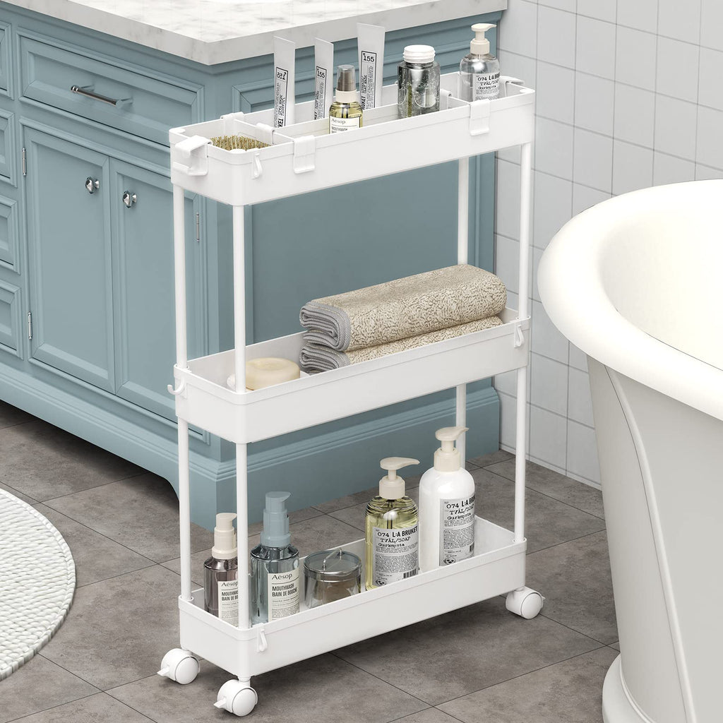 Chariot de Rangement Fin, 3 Niveaux - Organiseur Roulant pour Salle de Bain, Cuisine, Bureau & Espaces Étroits,