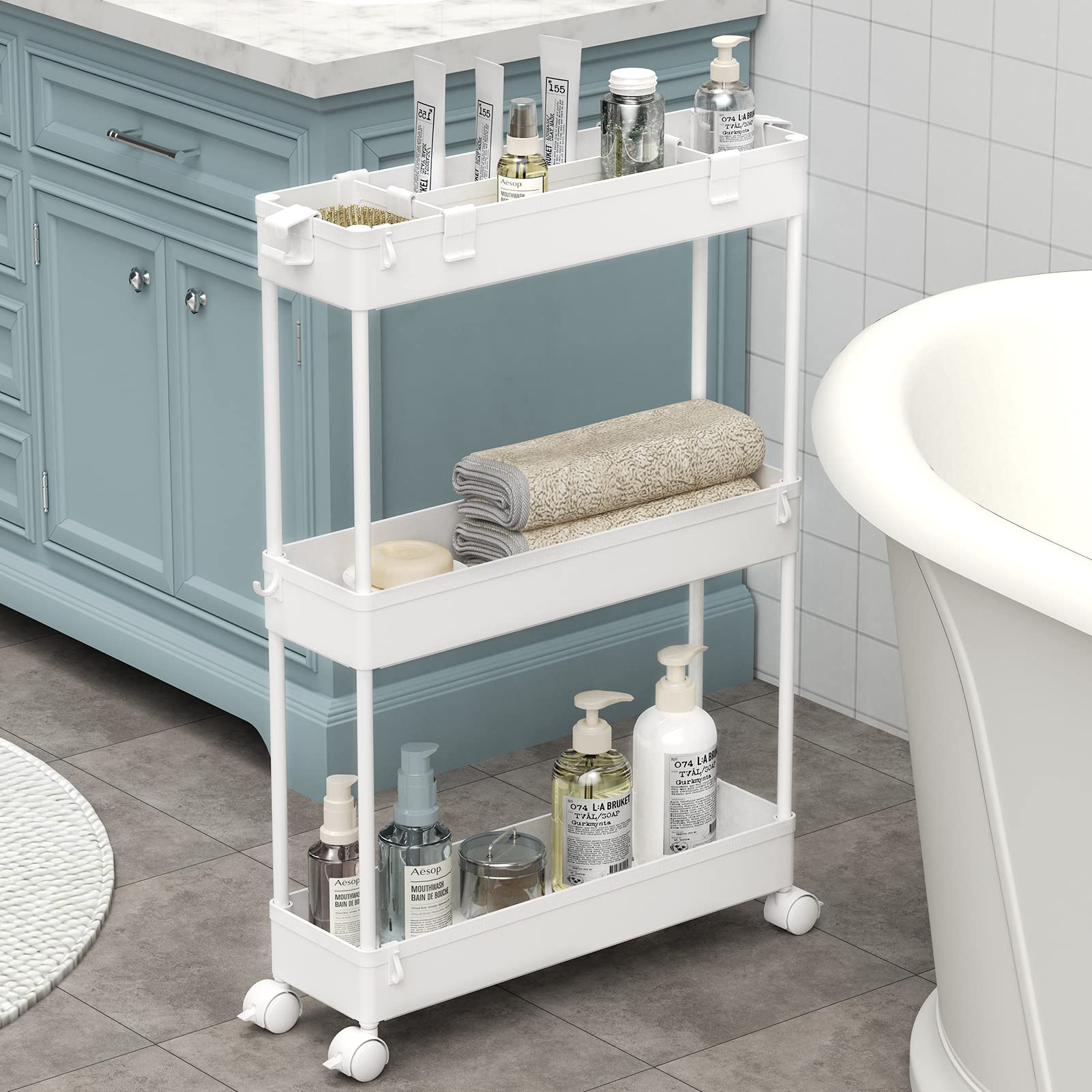 Chariot de Rangement Fin, 3 Niveaux - Organiseur Roulant pour Salle de Bain, Cuisine, Bureau & Espaces Étroits,