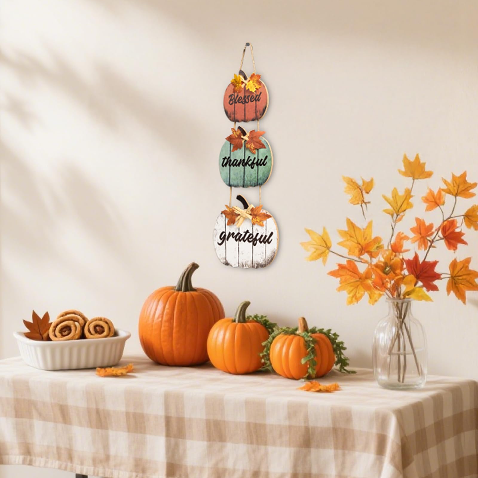 Décorations d’Automne en Bois « Béni, Reconnaissant, Merci » - Citrouilles 3D Jaunes pour Table, Maison, Ferme, Salon, Bureau, Chambre - Déco Thanksgiving Rustique