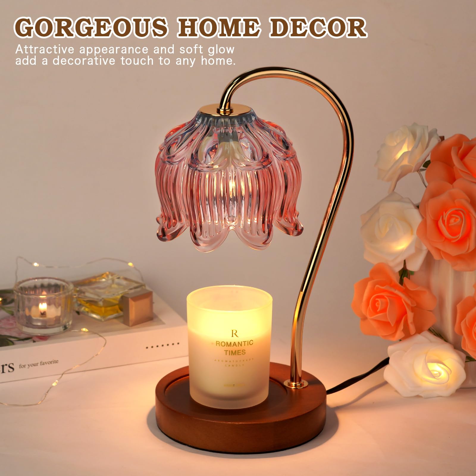 Lampe Chauffe-Bougie Fleur avec Minuterie, Variateur d’Intensité, Cadeau de Noël, Anniversaire ou Anniversaire de Mariage pour Femme, Maman, Épouse - Lampe Vintage Romantique pour Bougies