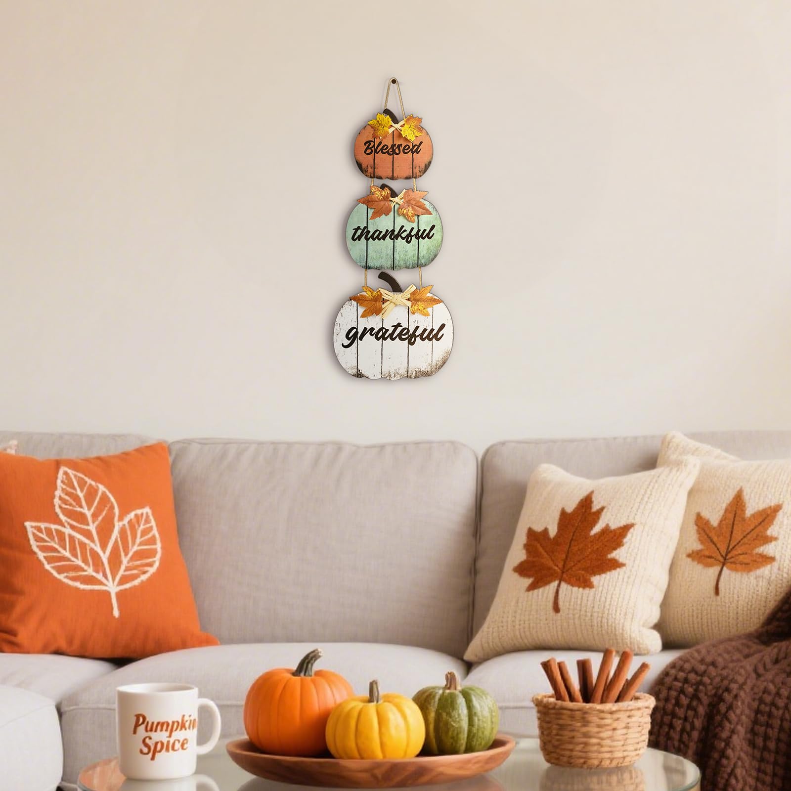 Décorations d’Automne en Bois « Béni, Reconnaissant, Merci » - Citrouilles 3D Jaunes pour Table, Maison, Ferme, Salon, Bureau, Chambre - Déco Thanksgiving Rustique