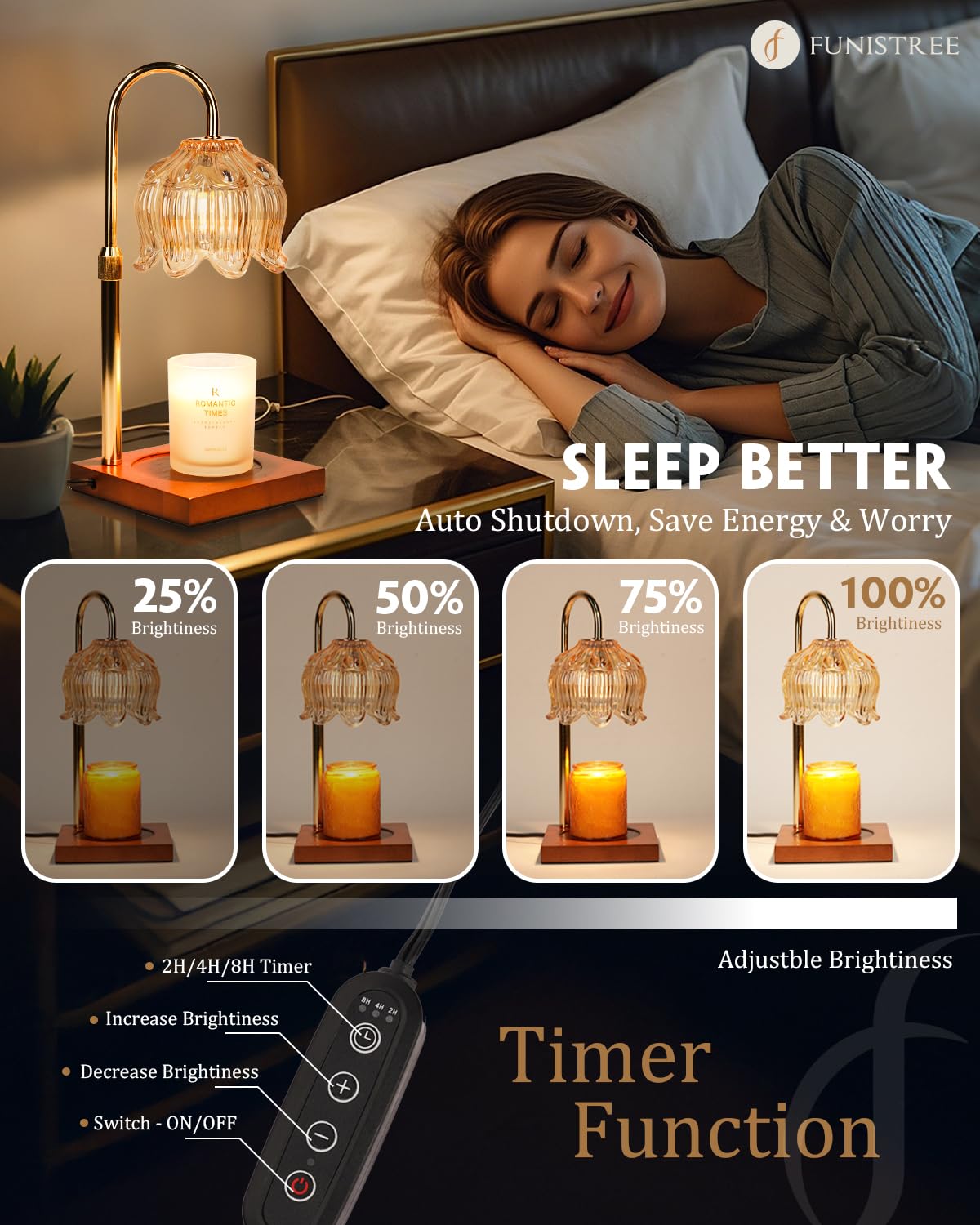 Lampe Chauffe-Bougie Fleur avec Minuterie, Variateur d’Intensité, Cadeau de Noël, Anniversaire ou Anniversaire de Mariage pour Femme, Maman, Épouse - Lampe Vintage Romantique pour Bougies