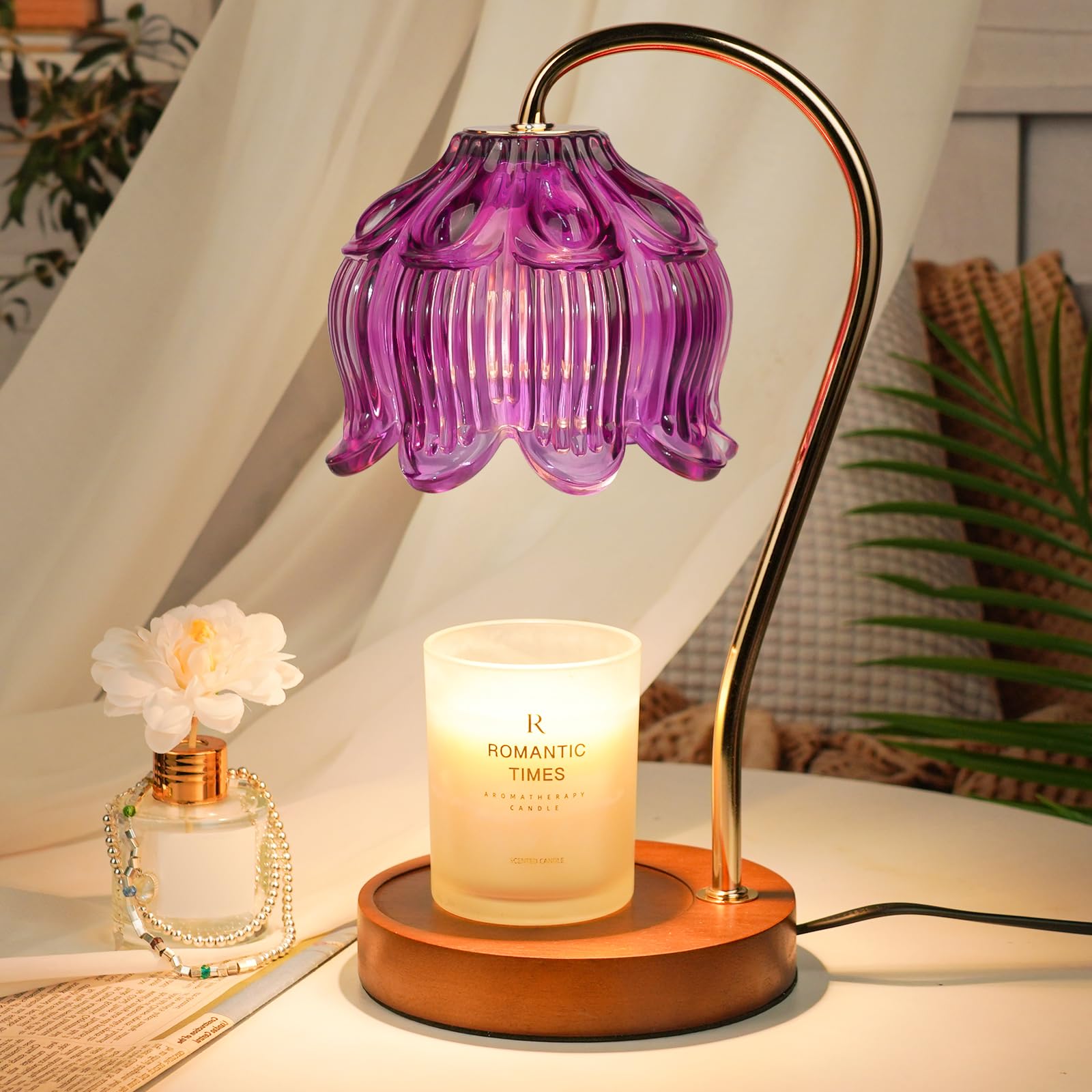 Lampe Chauffe-Bougie Fleur avec Minuterie, Variateur d’Intensité, Cadeau de Noël, Anniversaire ou Anniversaire de Mariage pour Femme, Maman, Épouse - Lampe Vintage Romantique pour Bougies