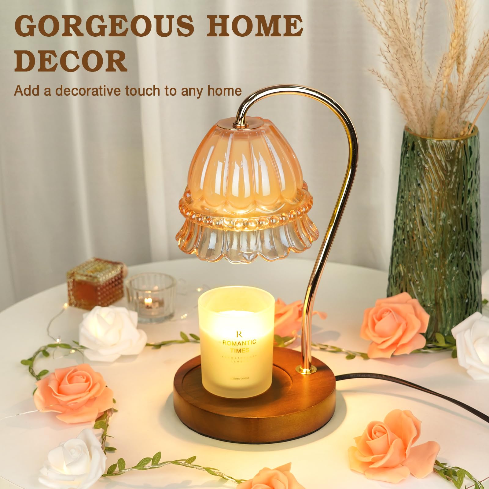 Lampe Chauffe-Bougie Fleur avec Minuterie, Variateur d’Intensité, Cadeau de Noël, Anniversaire ou Anniversaire de Mariage pour Femme, Maman, Épouse - Lampe Vintage Romantique pour Bougies
