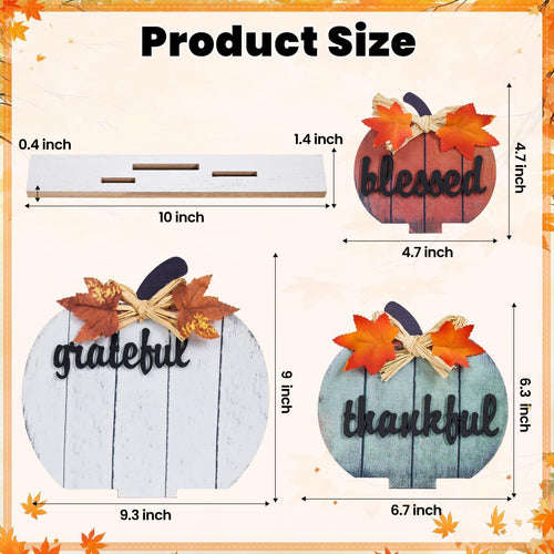 Décorations d’Automne en Bois « Béni, Reconnaissant, Merci » - Citrouilles 3D Jaunes pour Table, Maison, Ferme, Salon, Bureau, Chambre - Déco Thanksgiving Rustique