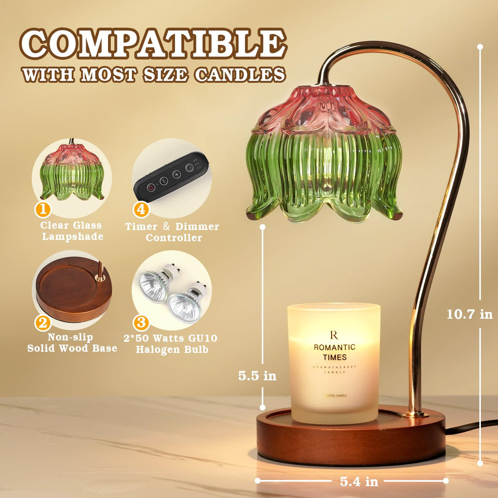 Lampe Chauffe-Bougie Fleur avec Minuterie, Variateur d’Intensité, Cadeau de Noël, Anniversaire ou Anniversaire de Mariage pour Femme, Maman, Épouse - Lampe Vintage Romantique pour Bougies