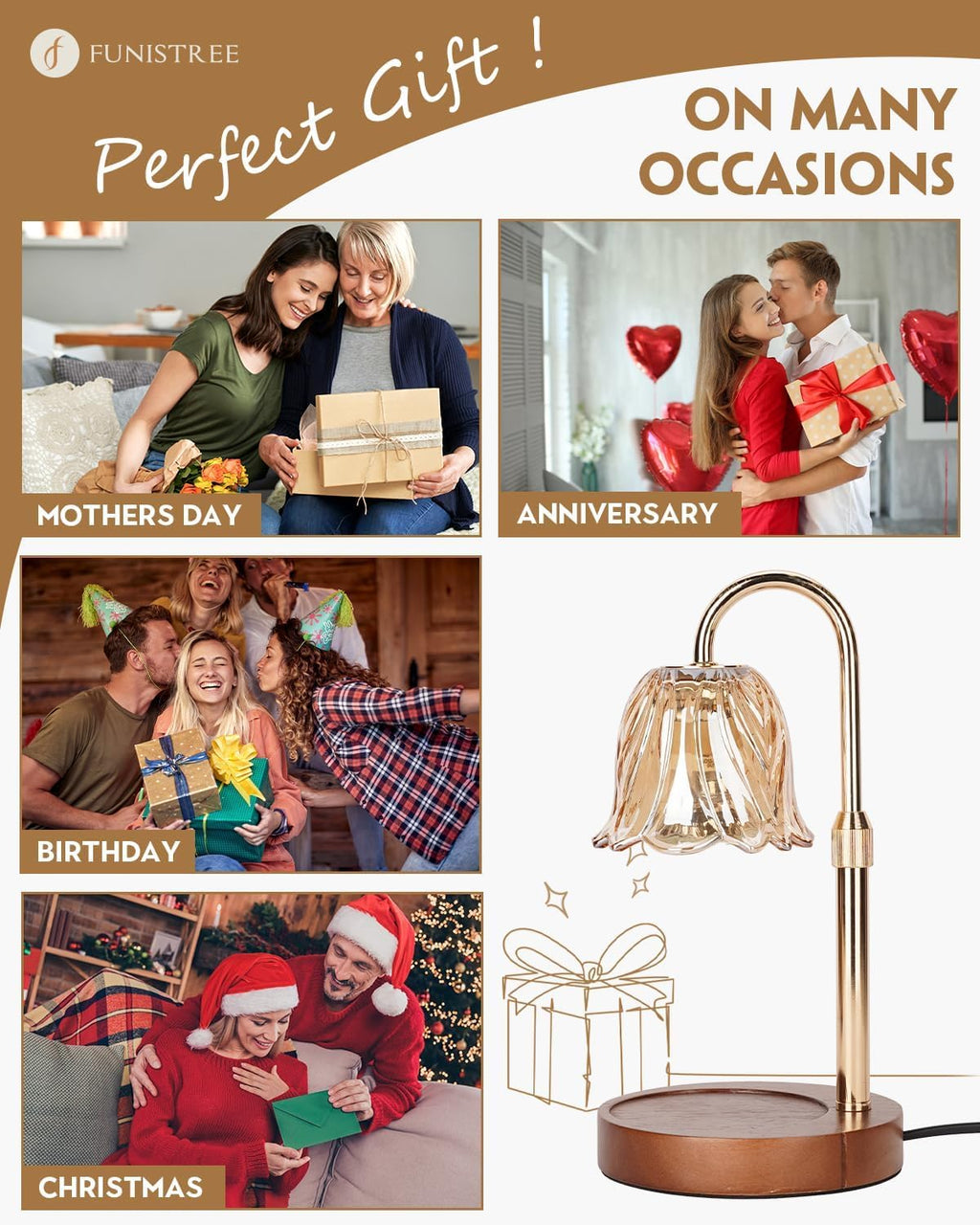 Lampe Chauffe-Bougie Fleur avec Minuterie, Variateur d’Intensité, Cadeau de Noël, Anniversaire ou Anniversaire de Mariage pour Femme, Maman, Épouse - Lampe Vintage Romantique pour Bougies