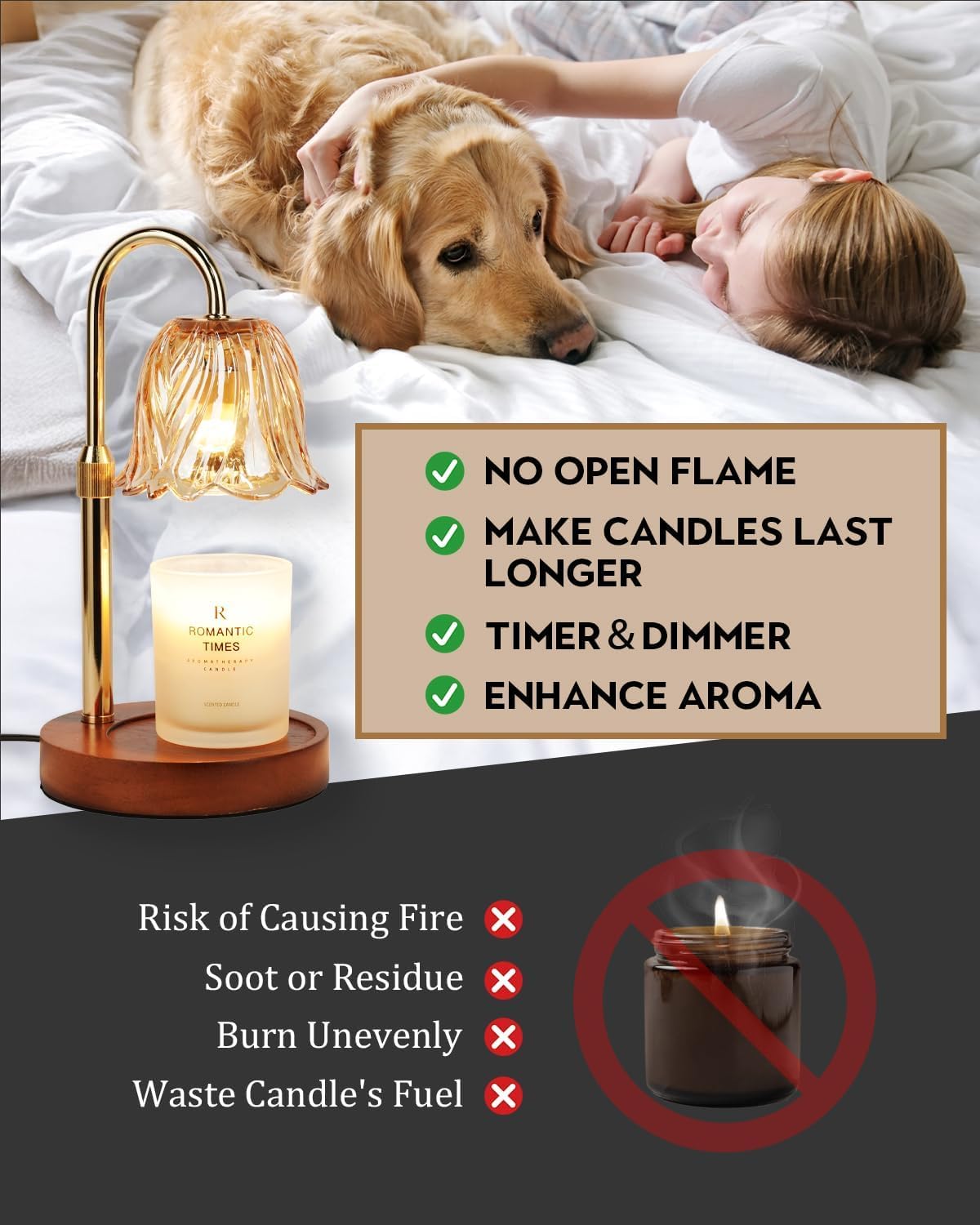 Lampe Chauffe-Bougie Fleur avec Minuterie, Variateur d’Intensité, Cadeau de Noël, Anniversaire ou Anniversaire de Mariage pour Femme, Maman, Épouse - Lampe Vintage Romantique pour Bougies