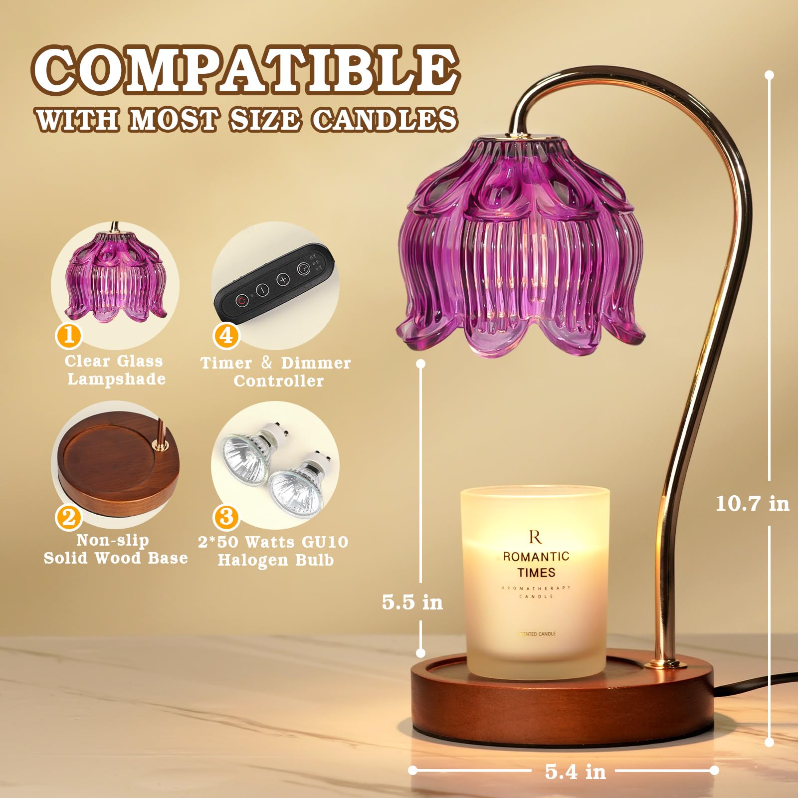 Lampe Chauffe-Bougie Fleur avec Minuterie, Variateur d’Intensité, Cadeau de Noël, Anniversaire ou Anniversaire de Mariage pour Femme, Maman, Épouse - Lampe Vintage Romantique pour Bougies