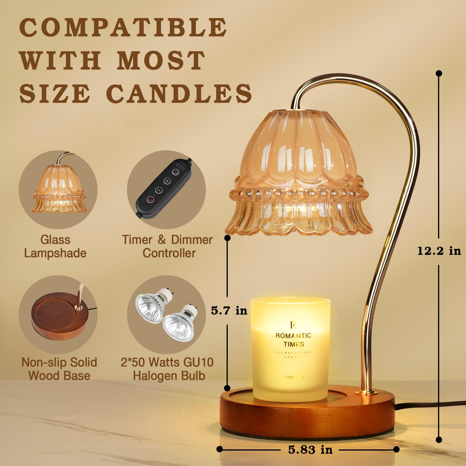 Lampe Chauffe-Bougie Fleur avec Minuterie, Variateur d’Intensité, Cadeau de Noël, Anniversaire ou Anniversaire de Mariage pour Femme, Maman, Épouse - Lampe Vintage Romantique pour Bougies