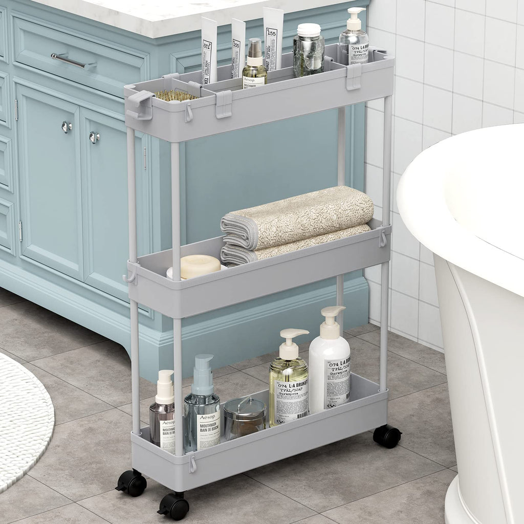 Chariot de Rangement Fin, 3 Niveaux - Organiseur Roulant pour Salle de Bain, Cuisine, Bureau & Espaces Étroits,
