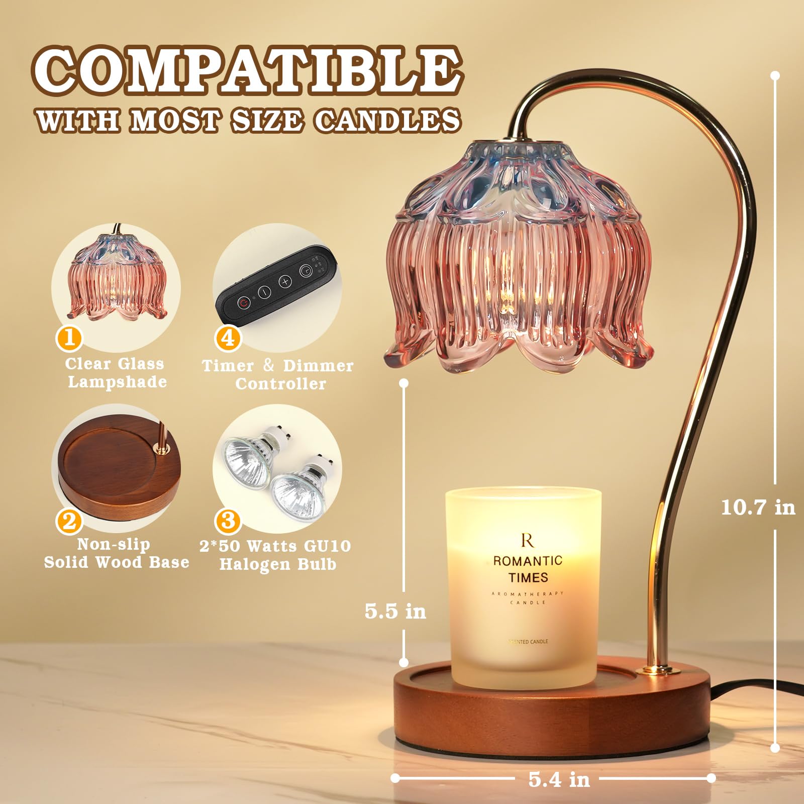Lampe Chauffe-Bougie Fleur avec Minuterie, Variateur d’Intensité, Cadeau de Noël, Anniversaire ou Anniversaire de Mariage pour Femme, Maman, Épouse - Lampe Vintage Romantique pour Bougies