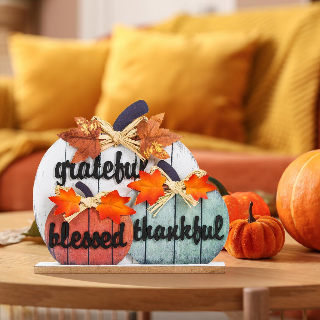 Décorations d’Automne en Bois « Béni, Reconnaissant, Merci » - Citrouilles 3D Jaunes pour Table, Maison, Ferme, Salon, Bureau, Chambre - Déco Thanksgiving Rustique