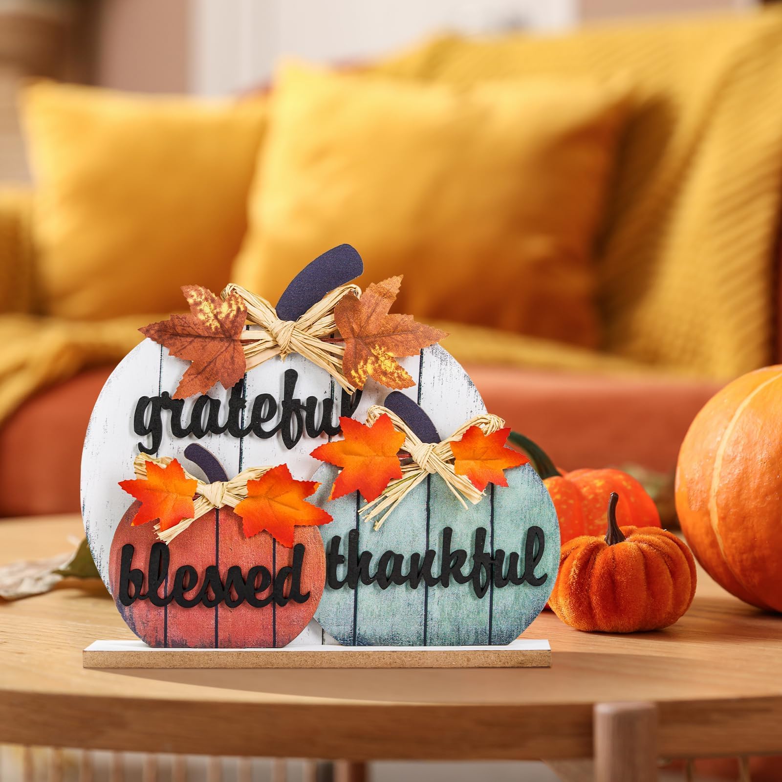 Décorations d’Automne en Bois « Béni, Reconnaissant, Merci » - Citrouilles 3D Jaunes pour Table, Maison, Ferme, Salon, Bureau, Chambre - Déco Thanksgiving Rustique