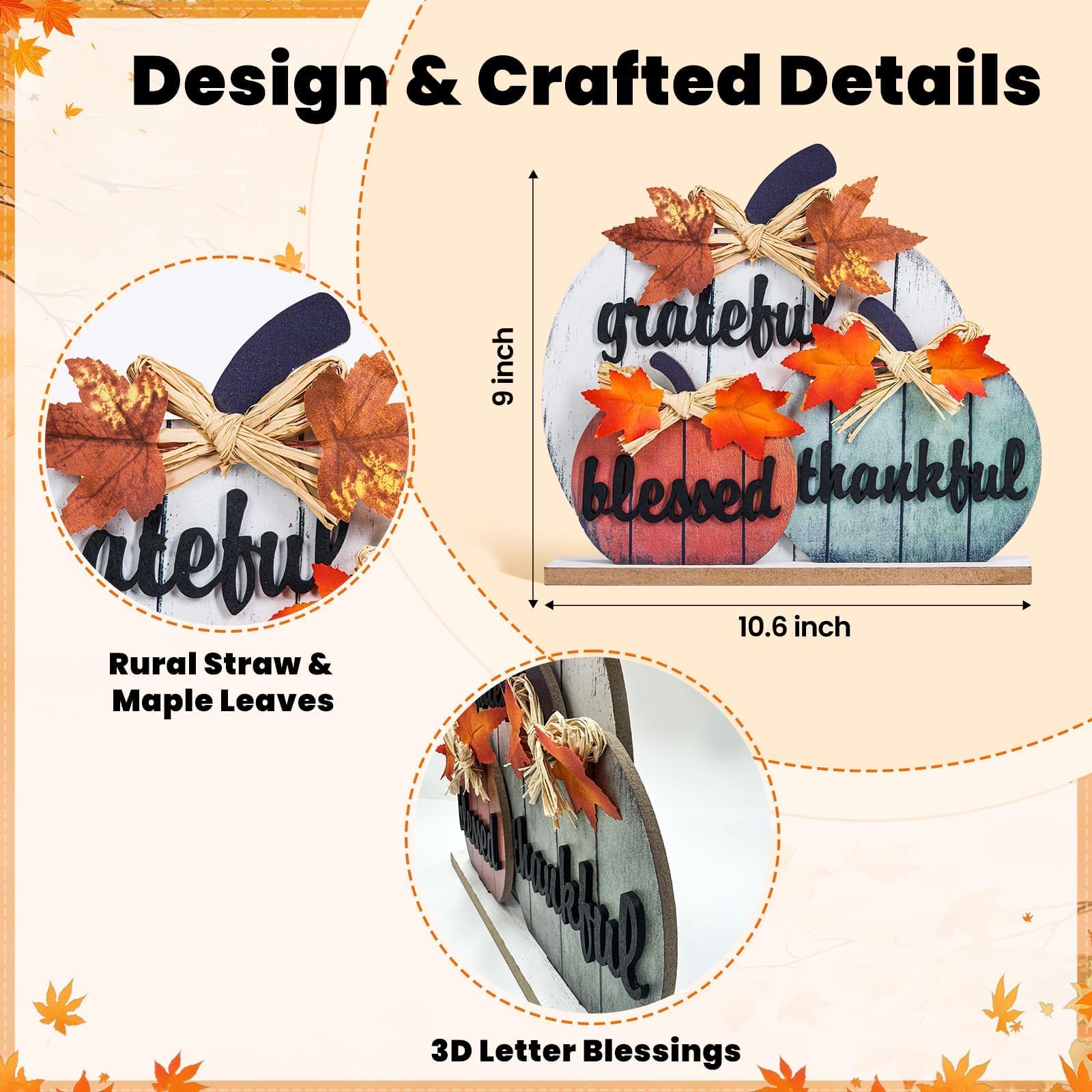 Décorations d’Automne en Bois « Béni, Reconnaissant, Merci » - Citrouilles 3D Jaunes pour Table, Maison, Ferme, Salon, Bureau, Chambre - Déco Thanksgiving Rustique