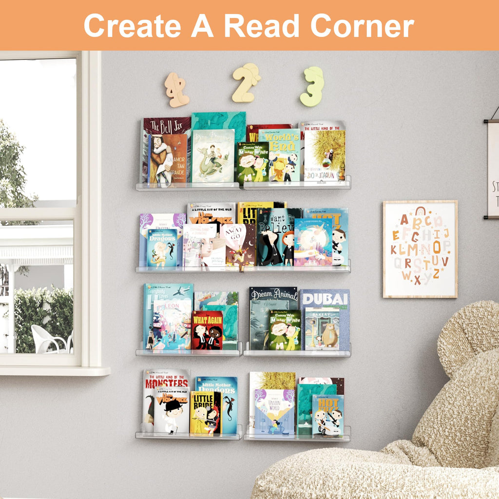 Étagères Acrylique Transparentes Upsimples, 38 cm - Lot de 4 Étagères Flottantes Murales pour Rangement Livres Enfants/Chambre/Chambre/Salle de Bain/Cuisine