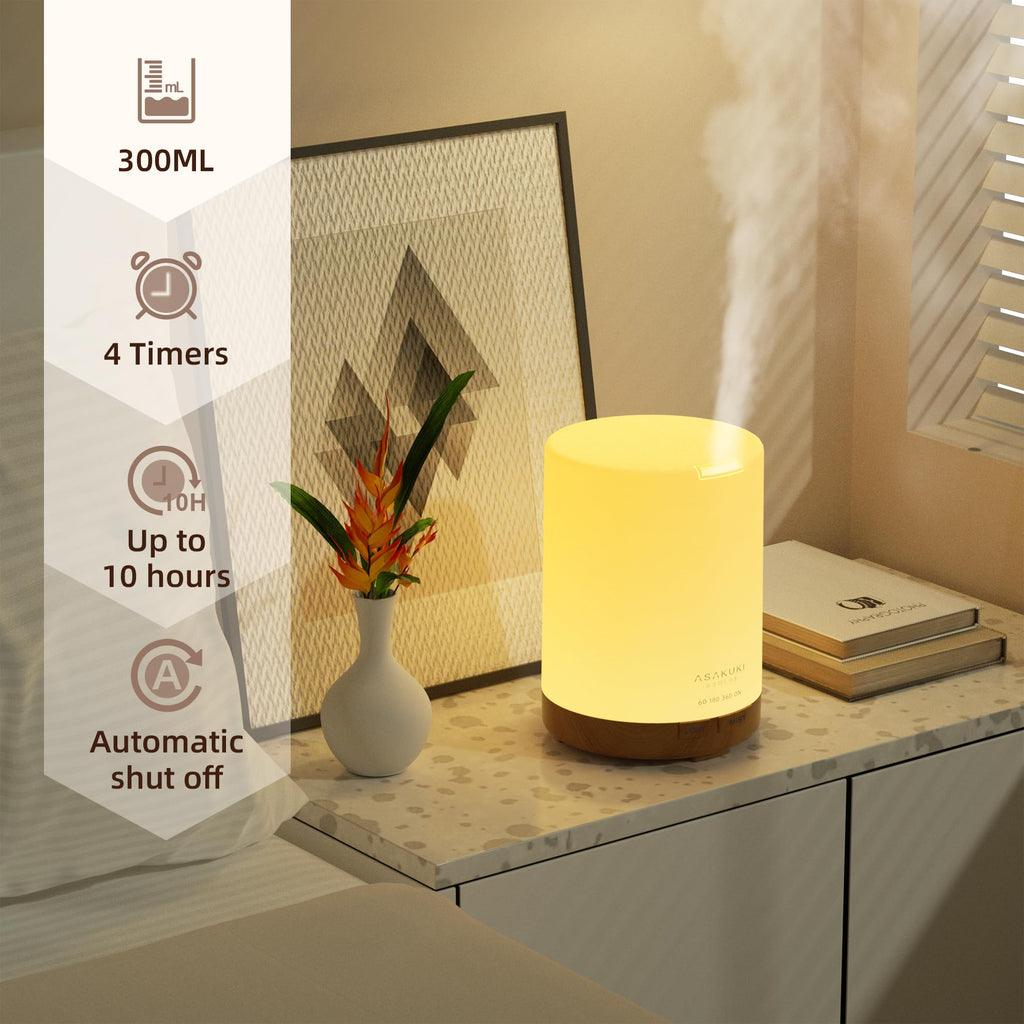 Diffuseur d'Huiles Essentielles 300 ml en Grain de Bois - Brumisateur Ultrasonique, 7 Couleurs LED, 3 Modes de Minuterie, Arrêt Automatique, Humidificateur Aromathérapie pour Maison et Bureau - Cadeau Idéal