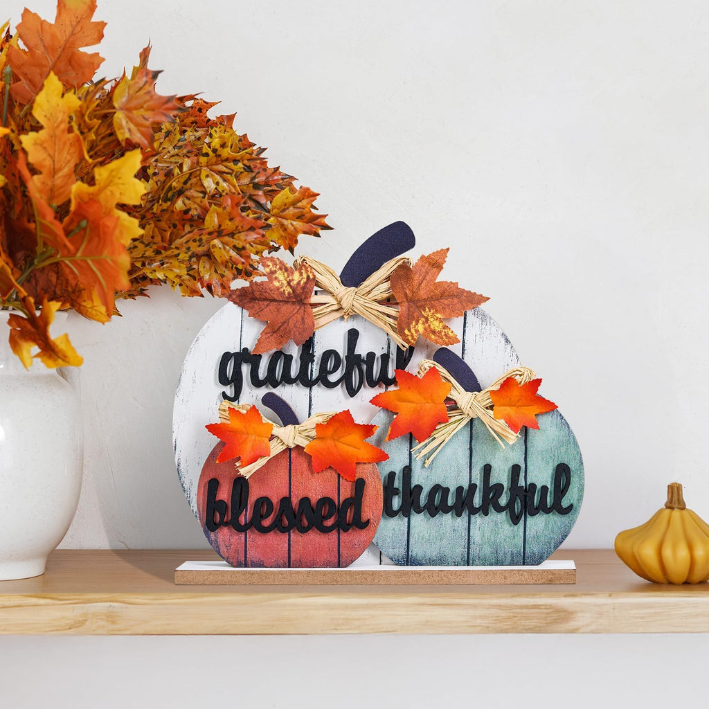Décorations d’Automne en Bois « Béni, Reconnaissant, Merci » - Citrouilles 3D Jaunes pour Table, Maison, Ferme, Salon, Bureau, Chambre - Déco Thanksgiving Rustique
