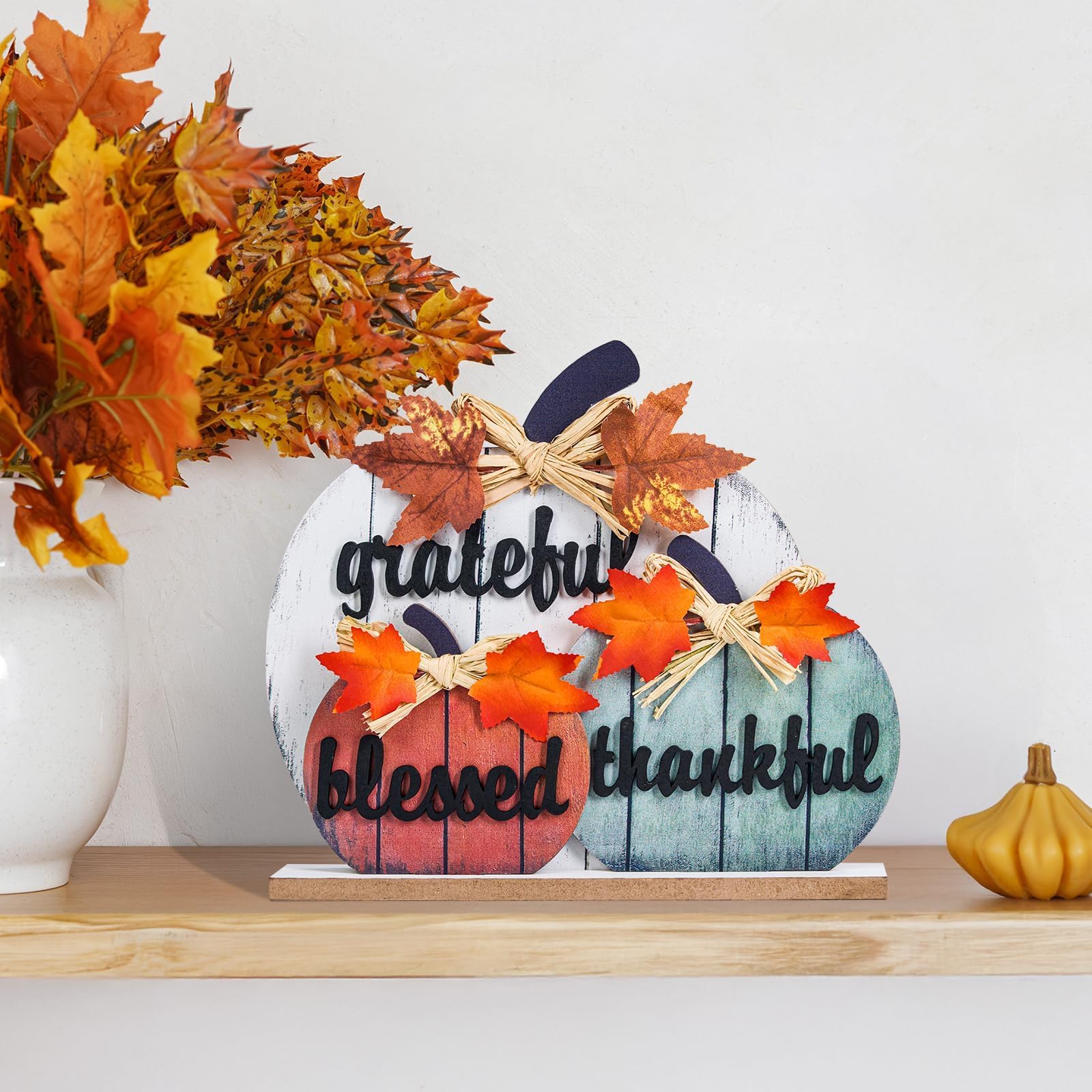 Décorations d’Automne en Bois « Béni, Reconnaissant, Merci » - Citrouilles 3D Jaunes pour Table, Maison, Ferme, Salon, Bureau, Chambre - Déco Thanksgiving Rustique