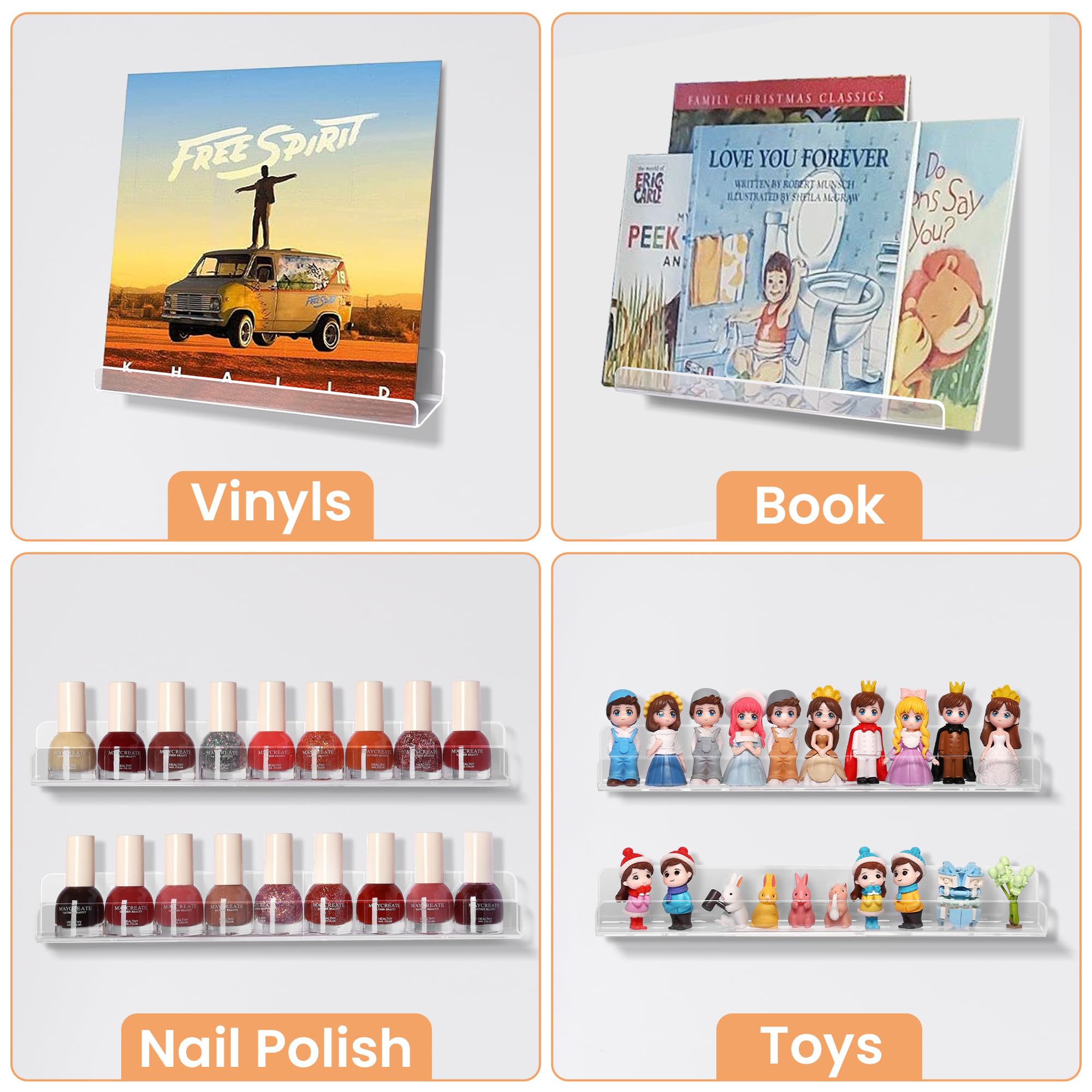 Étagères Acrylique Transparentes Upsimples, 38 cm - Lot de 4 Étagères Flottantes Murales pour Rangement Livres Enfants/Chambre/Chambre/Salle de Bain/Cuisine