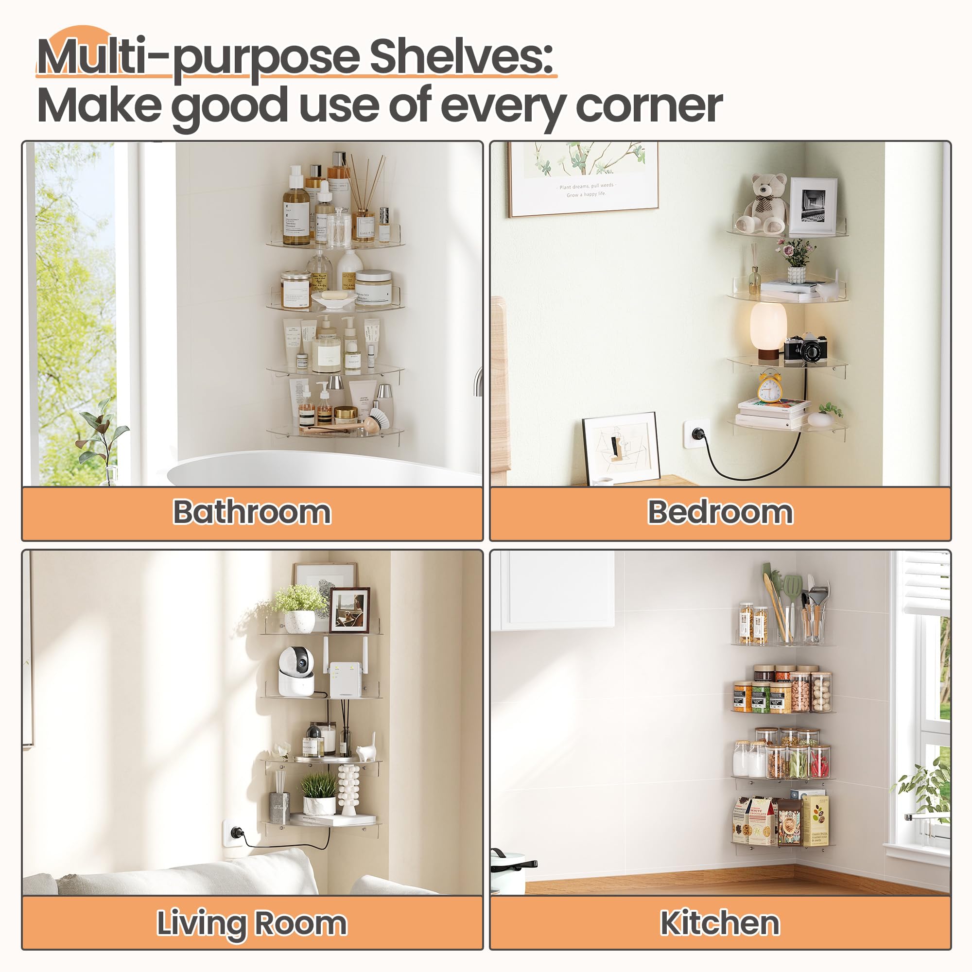 Étagères Acrylique Transparentes Upsimples, 38 cm - Lot de 4 Étagères Flottantes Murales pour Rangement Livres Enfants/Chambre/Chambre/Salle de Bain/Cuisine