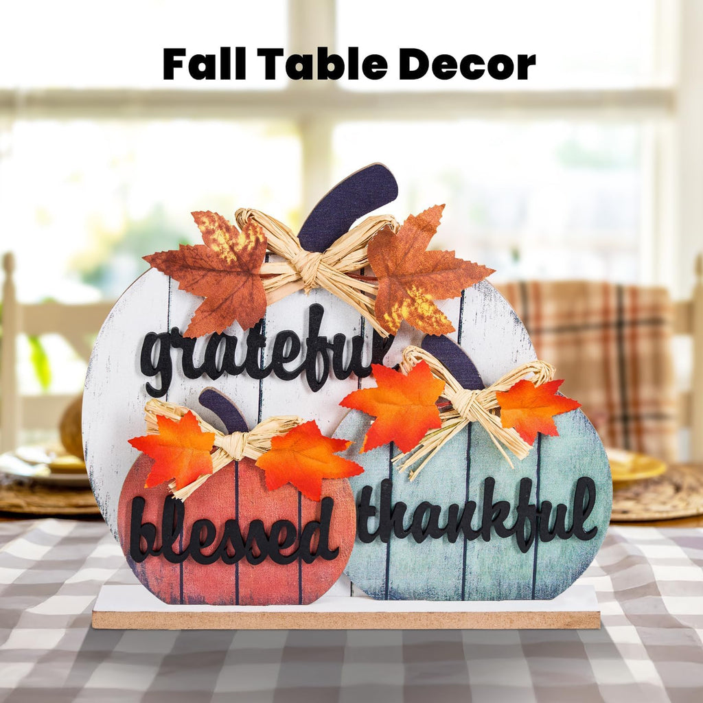 Décorations d’Automne en Bois « Béni, Reconnaissant, Merci » - Citrouilles 3D Jaunes pour Table, Maison, Ferme, Salon, Bureau, Chambre - Déco Thanksgiving Rustique