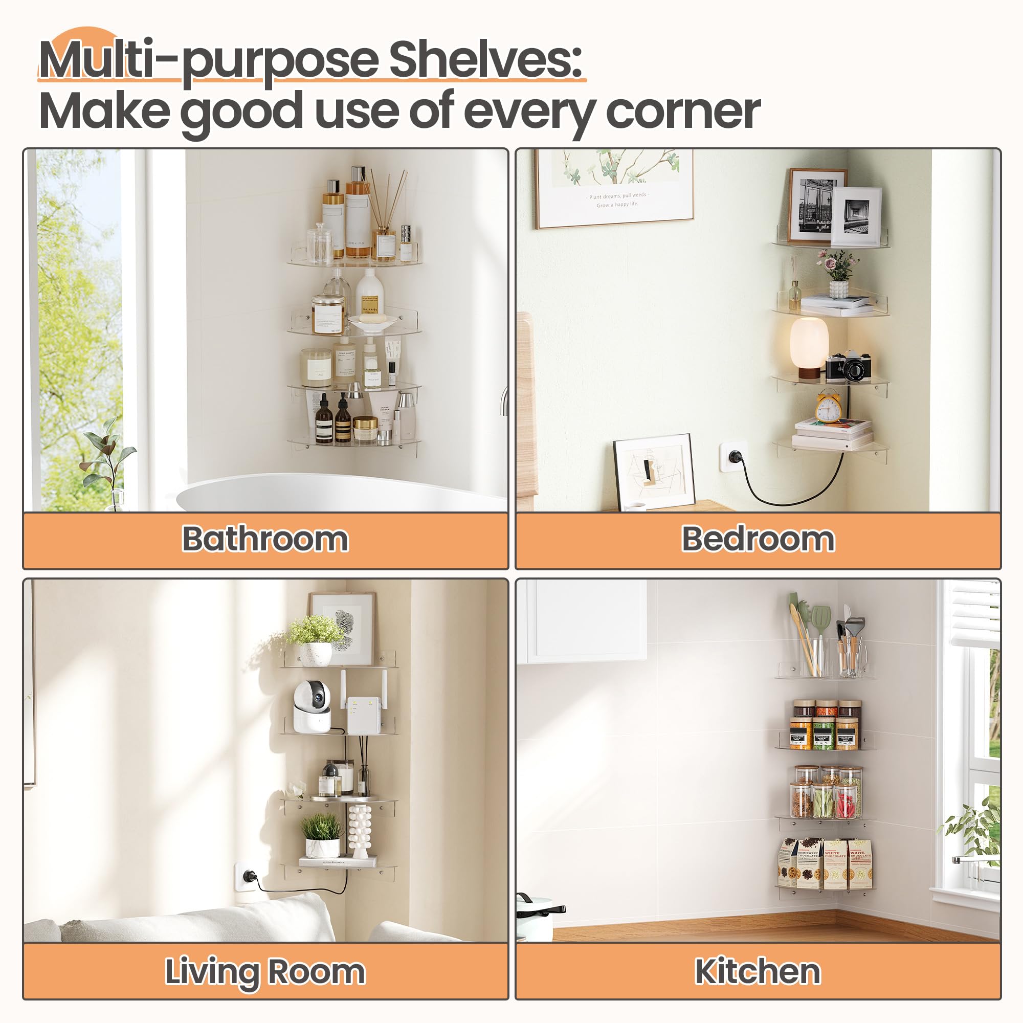 Étagères Acrylique Transparentes Upsimples, 38 cm - Lot de 4 Étagères Flottantes Murales pour Rangement Livres Enfants/Chambre/Chambre/Salle de Bain/Cuisine